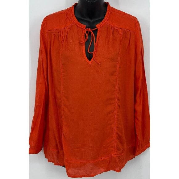 Lucky Brand Women Blouse Size Medium M Red Tie Keyhole Neck Embroidered Button - Picture 1 of 7